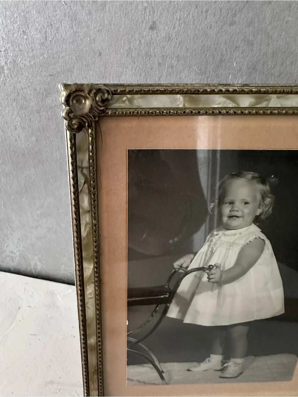 Vtg Baby Girl Photo Ornate Metal faux pearl liner Frame 5x7